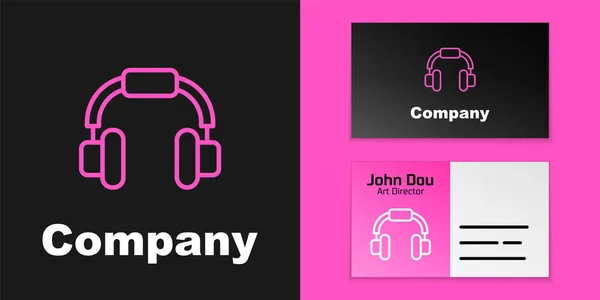 粉红线耳机图标隔离在黑色背景 听音乐 交流和操作员的概念 标志设计模板元素 — 图库矢量图片