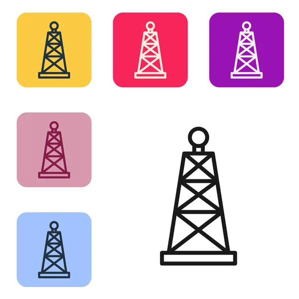 stock vector Black line Oil rig icon isolated on white background. Gas tower. Industrial object. Set icons in color square buttons. Vector