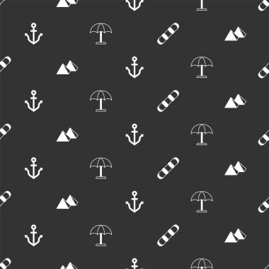 Snowboard, Mısır piramitleri, dayanak noktaları ve güneş koruyucu şemsiyeleri pürüzsüz desenlere ayarlayın. Vektör