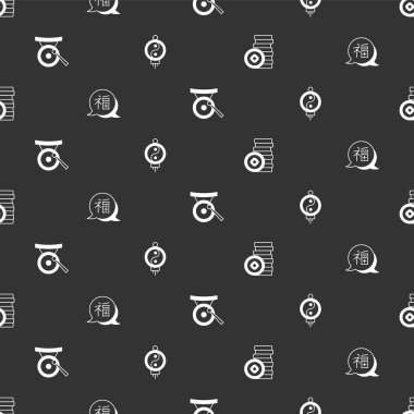 Çin Yuan para birimi Yeni Yıl Gong müzik aleti ve kağıt feneri pürüzsüz desenlere ayarlayın. Vektör.