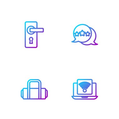 Kablosuz dizüstü bilgisayar, bavul, kapı kolu ve beş yıldızlı değerlendirme. Renk simgeleri. Vektör.