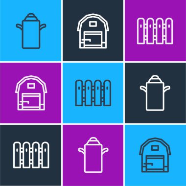 Süt için konteynır, bahçe çiti ahşabı ve çiftlik evi ikonu. Vektör.