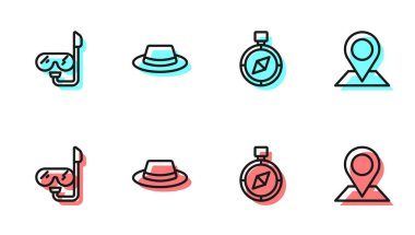 Pusula, dalış maskesi ve şnorkel, kurdeleli erkek şapkası ve konum simgesi. Vektör.