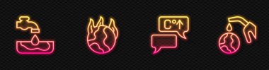 Küresel ısınma, su problemi, yangın ve gaz pompası hortumu ve küreyi ayarlayın. Parlayan neon ikonu. Vektör.