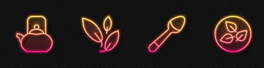 Çay kaşığı çaydanlığı, yaprak sapı ve... Parlayan neon ikonu. Vektör.