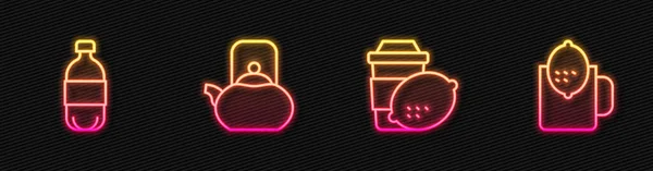 设置系列茶与柠檬壶水壶手柄和 发光的霓虹灯图标 — 图库矢量图片