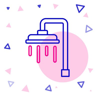 Beyaz zemin üzerinde su damlaları akan ikon olan çizgi duş başlığı izole edildi. Renkli taslak konsepti. Vektör.