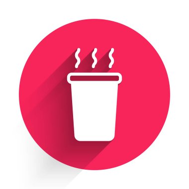 Uzun gölgeli beyaz çay ikonu. Kırmızı daire düğmesi. Vektör.