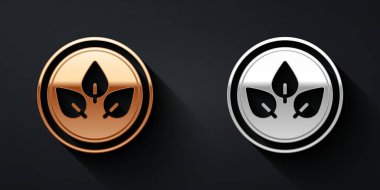 Siyah arka planda altın ve gümüş vejetaryen diyet ikonu var. Organik, biyolojik, ekolojik sembol. Vejetaryen, et yok, laktozsuz, sağlıklı, taze ve şiddet içermeyen yiyecekler. Uzun gölge tarzı. Vektör.