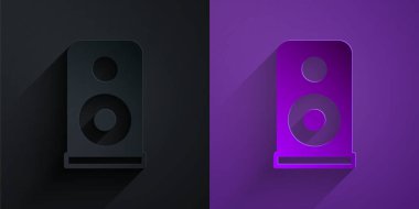 Kağıt kesiği Stereo hoparlör simgesi mor arkaplanda siyah üzerine izole. Ses sistemi hoparlörleri. Müzik ikonu. Müzikal sütun hoparlörü. Kağıt sanatı tarzı. Vektör.