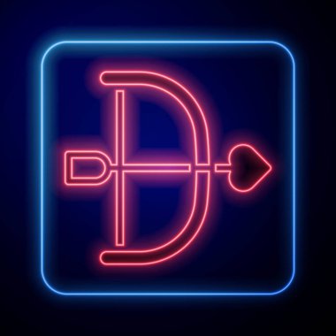 Parlayan neon yay ve ok simgesi siyah arkaplanda izole edildi. Aşk tanrısı sembolü. Aşk işareti. Sevgililer günün kutlu olsun. Vektör.