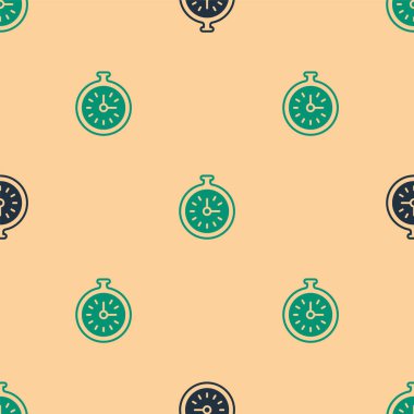 Yeşil ve siyah cep saati ikonu bej arka planda izole edilmiş pürüzsüz desen. Vektör.