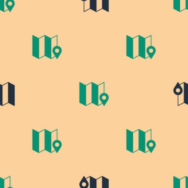 Konum simgesi simgesiyle yeşil ve siyah katlanmış harita bej arkaplandaki kusursuz deseni izole etti. Vektör.