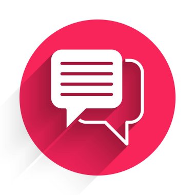 White Speech bubble chat icon isolated with long shadow background. Message icon. Communication or comment chat symbol. Red circle button. Vector.