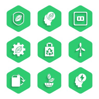 Kağıt torbayı geri dönüşümle Dünya küresi ve bitki baş elektrik sembolü Rüzgar türbini Eco yakıt kutusu dişli makinası elektrik prizi ve kalkan yaprağı ikonu ile ayarla. Vektör.
