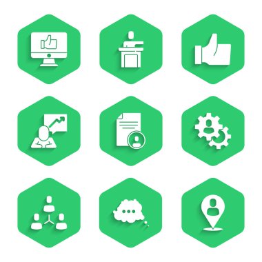 Konuşma baloncuğu sohbetine devam et, Worker Worker konumu, Baş Avcı Üs Takım Lideri Hand 'in beğendiği ve simgelediği yeri ayarla. Vektör.