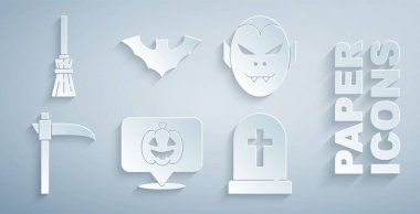 Uçan yarasa ve cadı süpürge ikonuyla Balkabağı Vampiri Tırpan Mezar Taşı 'nı hazırla. Vektör.