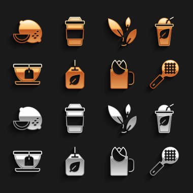 Çay poşetini çay fincanı süzgeç saplı gül limon ve ikon ile hazırla. Vektör.