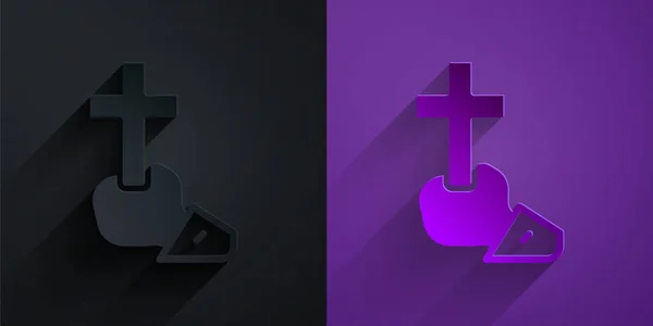Papiergeschnittenes Christliches Kreuz Symbol Isoliert Auf Schwarzem Auf Violettem Hintergrund — Stockvektor