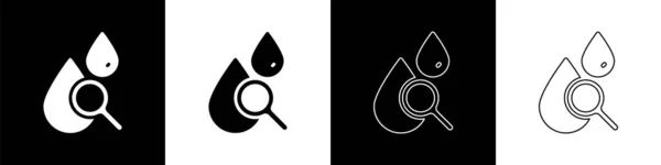 Set Drop Und Lupe Symbol Isoliert Auf Schwarz Weißem Hintergrund — Stockvektor