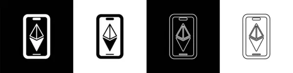 Set Cryptocurrency Coin Ethereum Eth Icon Isolated Black White Background — 스톡 벡터
