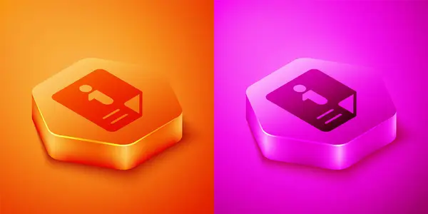 Isometrisches Informationssymbol Auf Orangefarbenem Und Rosa Hintergrund Sechseck Taste Vektor — Stockvektor