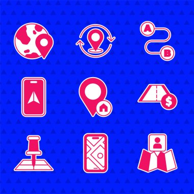 House City harita navigasyonu ile konumu belirleyin Katlanmış konum belirleyici Toll yol trafiği rotası ve dünya simgesi. Vektör.