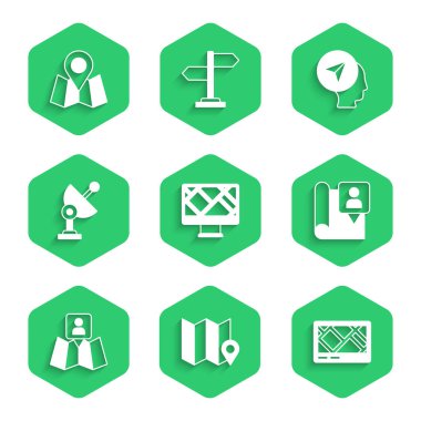 Harita konumu katlanmış işaret GPS aygıtı Radar Haritası insan ve simgesi ile monitörü ayarla. Vektör.