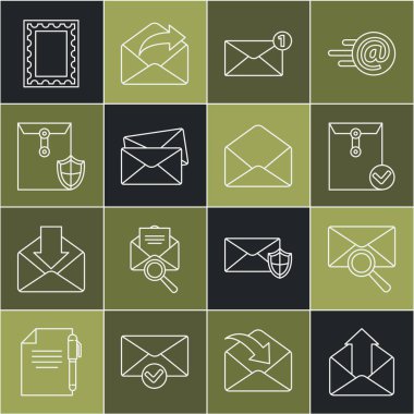 Giden posta satırını büyüteç ile Zarfla ayarla ve işaret kalkanı posta damgası ve simgesini kontrol et. Vektör.