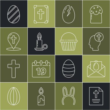 Hristiyan haçı, kırık yumurta, mum yakma, harita ve pasta ikonu olan bir tebrik kartı hazırla. Vektör.