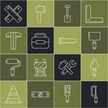 Demir Testere Malafat Bıçak Kürek Alet Kutusu T-kare çizgisi çapraz cetvel ve el simgesi. Vektör.