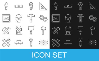 Tuğla ahşap balta, altıgen metal, fındık öğütücü, güvenlik kaskı elektrik prizi Trowel ve T kare çizgi ikonu. Vektör.