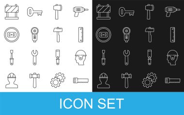 Hat El, işçi kaskını gördü, tahta cetvel, baltayla bileme, elektrik prizi, yol bariyeri ve çekiç simgesi. Vektör.