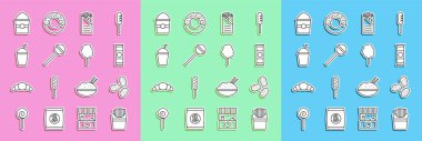 Tavuk nugget, çikolatalı kebap, Lollipop, milkshake, patlamış mısır ve pamuk şeker ikonuna patates kızartması koy. Vektör.