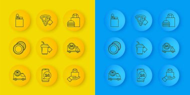 Çevrimiçi yemek ve pizza ikonu siparişi vermek için Plate Coffee bardağını hizaya sokun. Vektör.