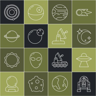 Robot UFO uzay gemisi Ay 'ı ve Satürn Güneş Sistemi' nin yıldızlarını ve uydu çanak ikonunu ayarla. Vektör.