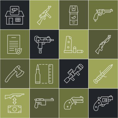 Küçük silah tabancası, tabanca, biber spreyi, UZI hafif makineli tüfek, ruhsat, silah dükkanı silahı ve kurşun ikonu. Vektör.