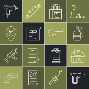 Tabanca ya da silah dükkanı silahı, el bombası, UZI alt makinesi ve Çöl Kartalı ikonu olan askeri mühimmat kutusu konumu. Vektör.