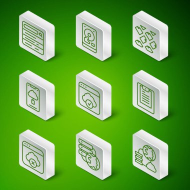 HDD sürücüsü HDD erişilemeyen depolama ve Sunucu Veri raporlama simgesini ağ bağlantısı arama motoru Cloud veri transferi için ayarla. Vektör.