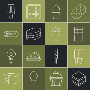 Çizgi yap Brownie çikolatalı pasta çikolatalı dondurma, waffle külahı ve bowling ikonu. Vektör.