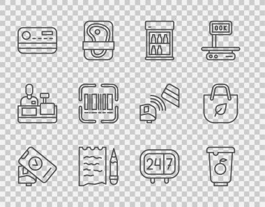 POS terminali Yoğurt konteynırı ticari buzdolabı alışveriş listesi ve kalem kredi kartı tarayıcısı barkod saatini 24 saat tarayıp geri dönüşüm simgesini torbaya koy. Vektör.