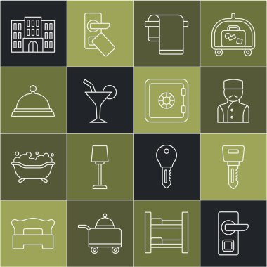 Hat, Dijital kapı kilidi, otel anahtarı, Havlu askısı, Kokteyl tepsi tepsi dolusu yemek ve güvenli ikon ile kaplı. Vektör.