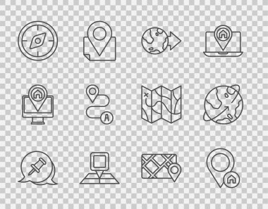 Satır Push pin konumunu evle birlikte Pusula Pusula güzergahı GPS cihazı ve Dünya 'nın yörüngesinde dönen uydu ikonu olarak ayarlayın. Vektör.