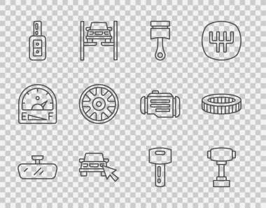 Otomobil aynası vites değiştirici piston çevrimiçi araç paylaşım anahtarını uzaktan kumanda tekeri ve hava filtresi simgesi için ayarla. Vektör.