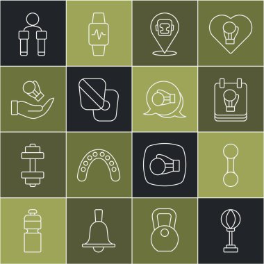 Çizgiyi belirle Kum Torbası Boks eldiveni miğfer eğitim patileri ip atlama ve ikon. Vektör.