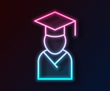 Parlak neon hattı mezuniyeti ve mezuniyet şapkası simgesi siyah arka planda izole edildi. Vektör.