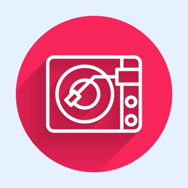 Uzun gölgeli izole edilmiş vinil disk simgesine sahip beyaz çizgi Vinil oynatıcı. Kırmızı daire düğmesi. Vektör.