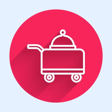 White line Covered with a tray of food icon isolated with long shadow background. Tray and lid sign. Restaurant cloche with lid. Red circle button. Vector.