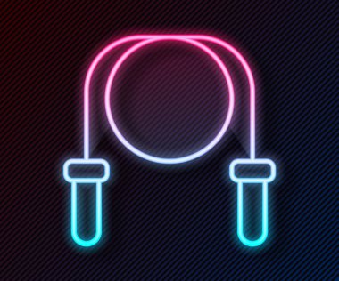 Parlayan neon hattı atlama ipi simgesi siyah arkaplanda izole edildi. İp atlıyorum. Spor malzemeleri. Vektör.