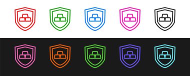 Siyah ve beyaz arkaplanda izole edilmiş kalkan simgesi olan çizgi altın çubuklarını ayarlayın. Bankacılık işi konsepti. Vektör.